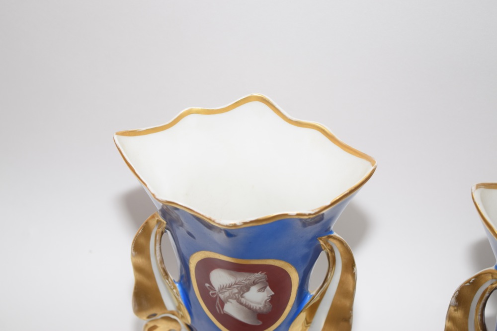 Pair of French Old Paris Cameo Flare Vases Orange on Cobalt Front with Gold ca. 1850