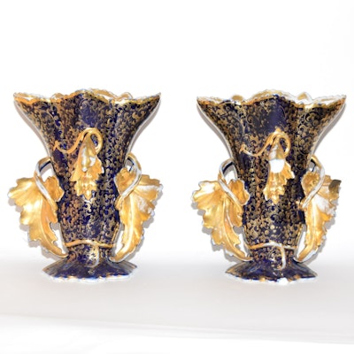 Pair of French Old Paris Flare Vases Cobalt with Gold Foliate Ornament ca. 1850-60 Pair of French Old Paris Flare Vases Cobalt with Gold Foliate Ornament ca. 1850-60