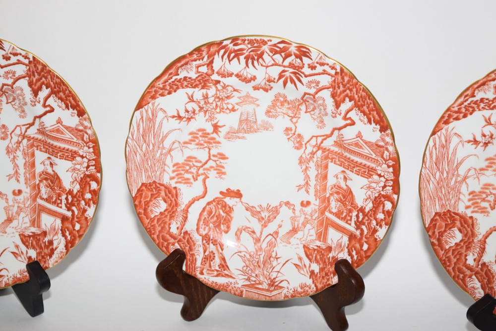 Six Royal Crown Derby Mikado Pattern in Orange Salad Plates c. 1910-1920
