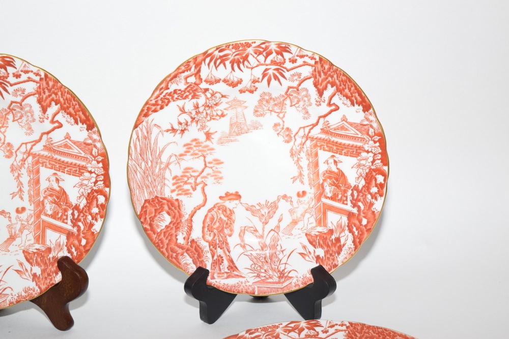 Six Royal Crown Derby Mikado Pattern in Orange Salad Plates c. 1910-1920