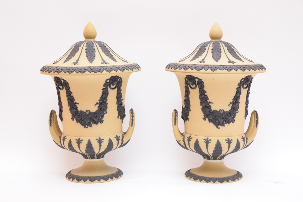 Pair of Rare Wedgwood Yellow Jasperware Campana  Vases c. 1910