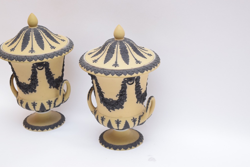 Pair of Rare Wedgwood Yellow Jasperware Campana  Vases c. 1910