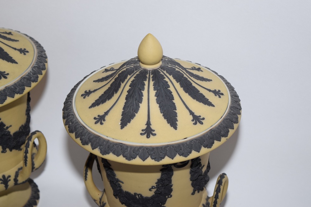 Pair of Rare Wedgwood Yellow Jasperware Campana  Vases c. 1910