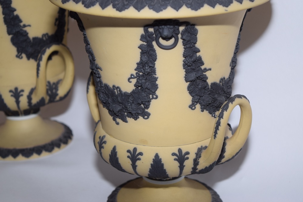 Pair of Rare Wedgwood Yellow Jasperware Campana  Vases c. 1910