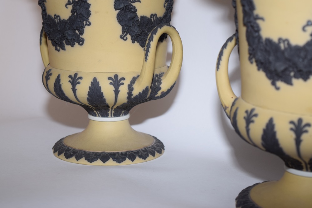 Pair of Rare Wedgwood Yellow Jasperware Campana  Vases c. 1910