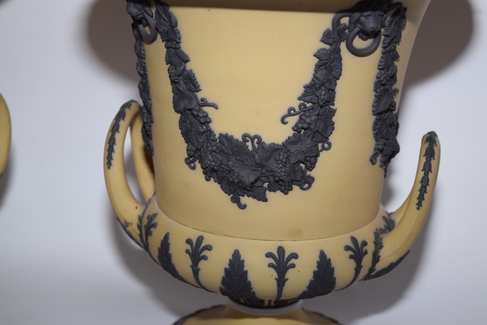 Pair of Rare Wedgwood Yellow Jasperware Campana  Vases c. 1910