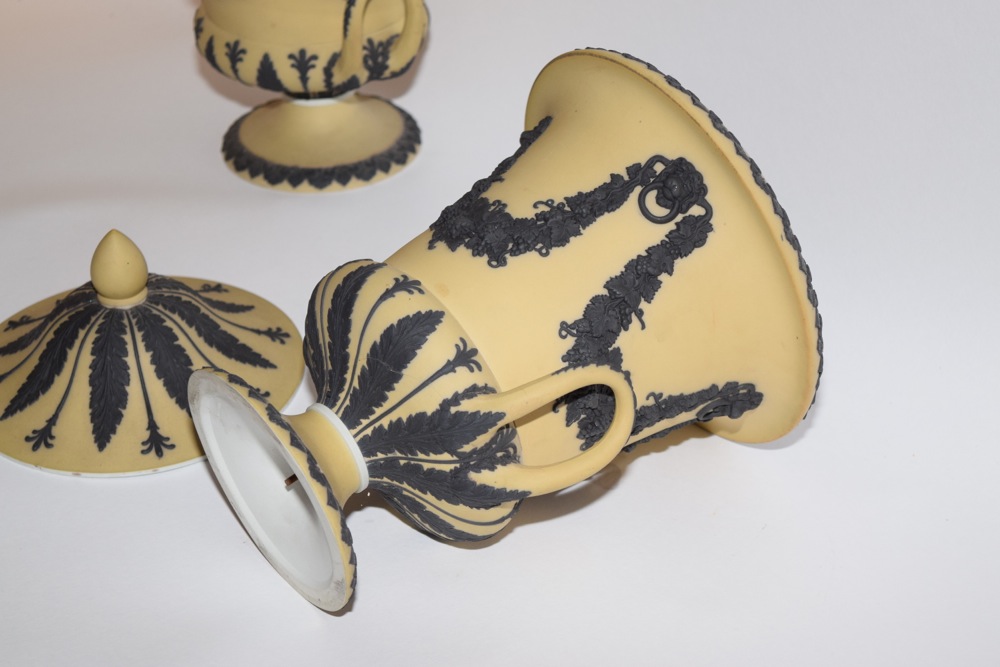 Pair of Rare Wedgwood Yellow Jasperware Campana  Vases c. 1910