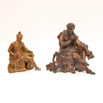 American Spelter Clock Tops, William Shakespeare and Marius the Epicurean, Late 19th Century American Spelter Clock Tops, William Shakespeare and Marius the Epicurean, Late 19th Century