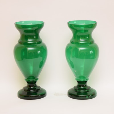 Pair of American Monumental Classical Form Green Glass Vases Pair of American Monumental Classical Form Green Glass Vases