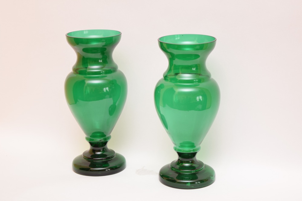 Pair of American Monumental Classical Form Green Glass Vases