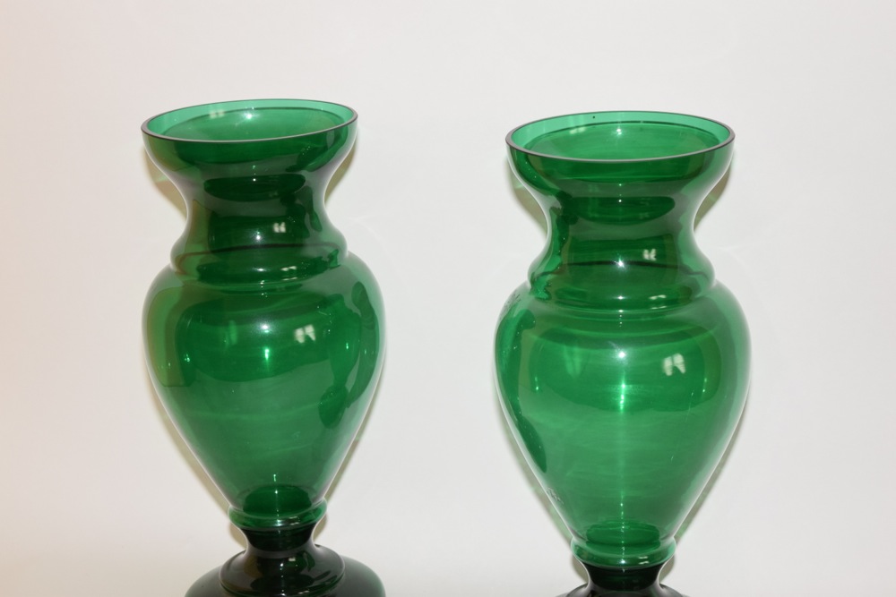 Pair of American Monumental Classical Form Green Glass Vases