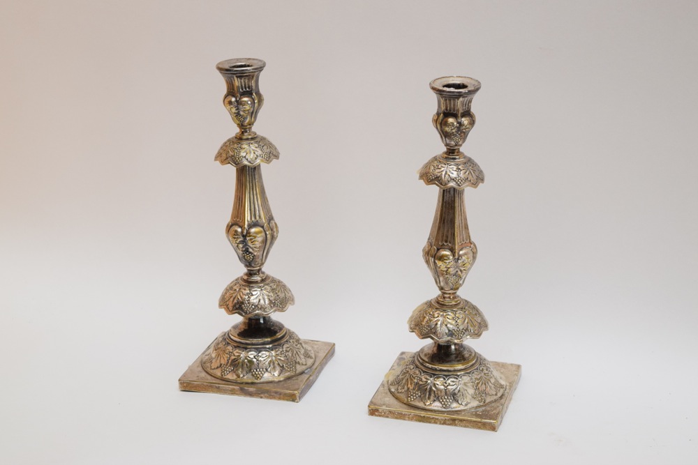Pair of Polish Silver Alloy Rococo Style Candlesticks, Marked Lszekman Warsaw 1909