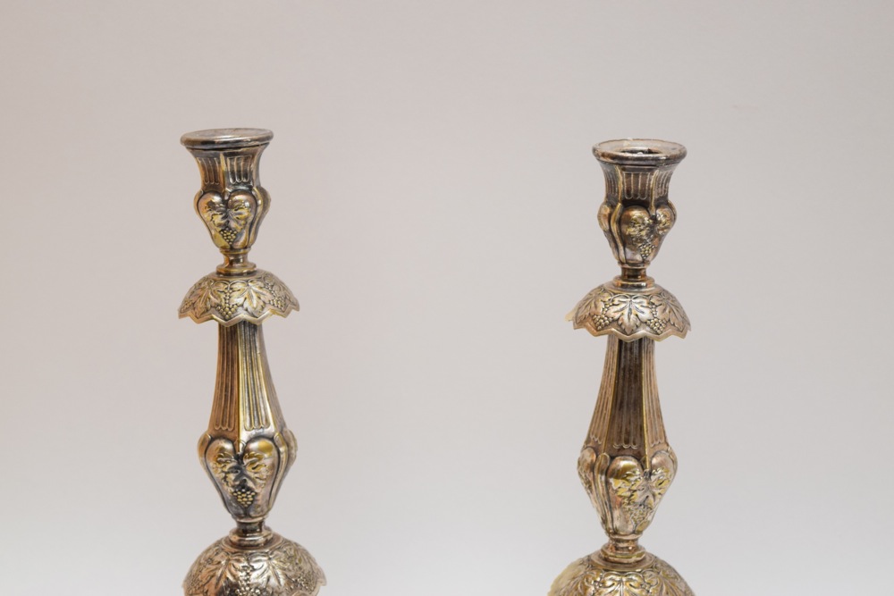 Pair of Polish Silver Alloy Rococo Style Candlesticks, Marked Lszekman Warsaw 1909
