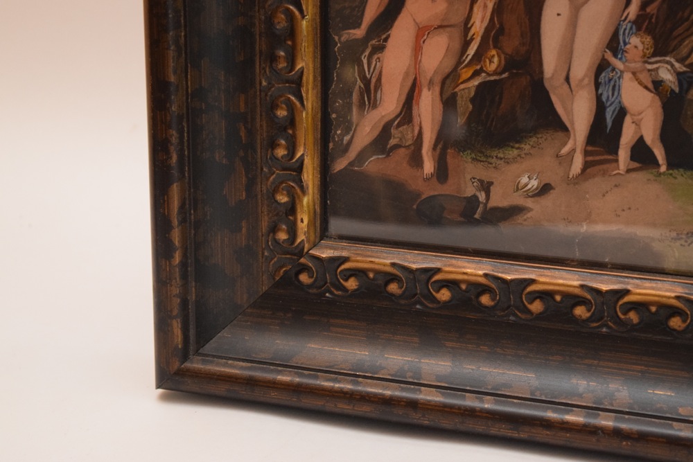 American Naive School, "Adam and Eve, Inspired by the Work of Jan Breughel" Watercolor on Paper