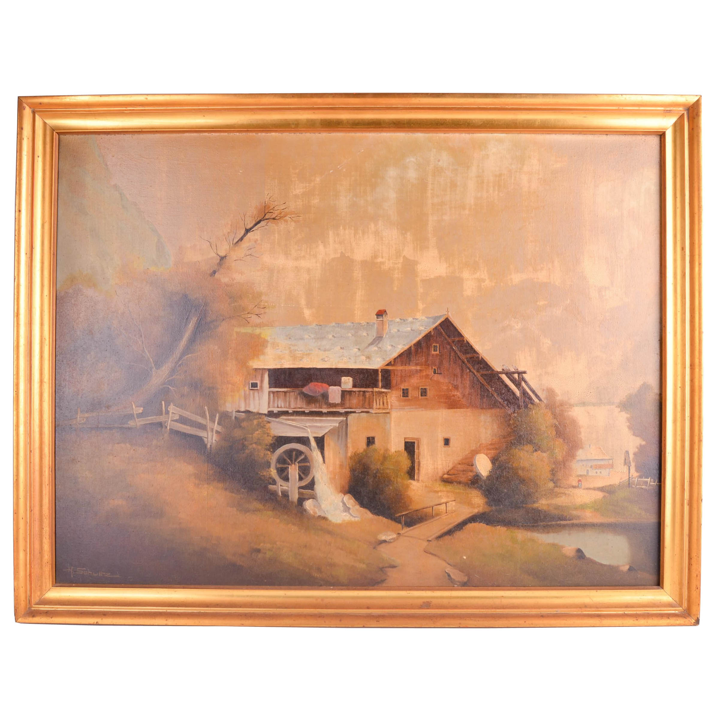 H. Schultz Oil on Canvas Mill Landscape
