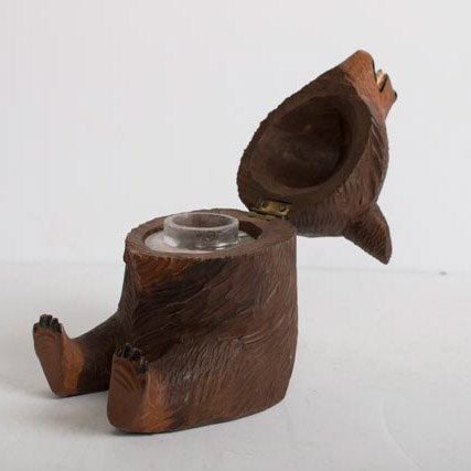 Wooden Carved Bear Inkwell
