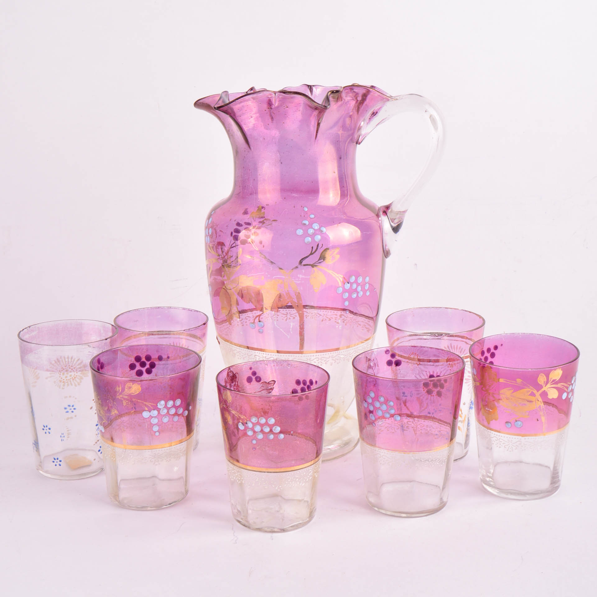 Vintage Hand Painted Glass Pitcher and Glasses