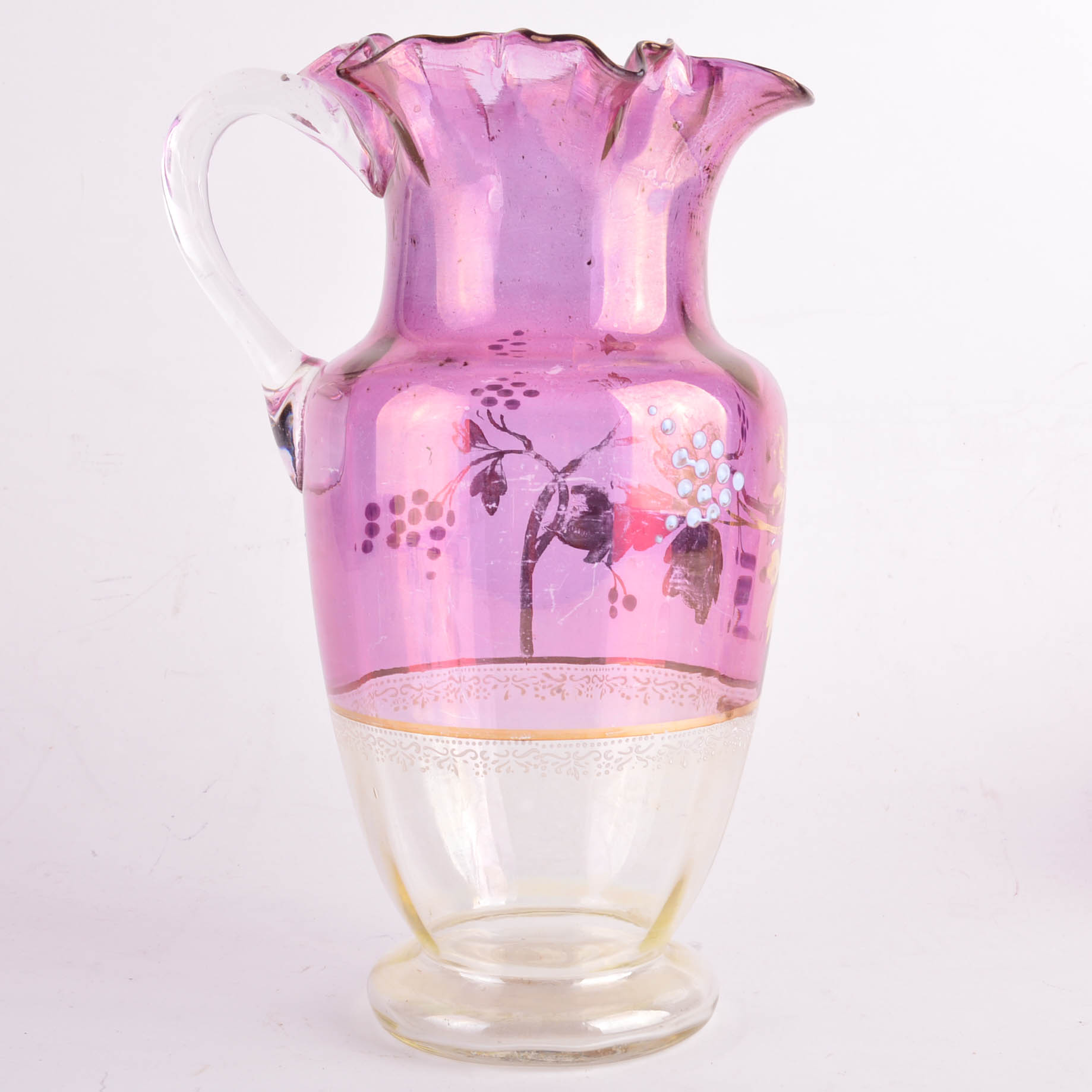Vintage Hand Painted Glass Pitcher and Glasses