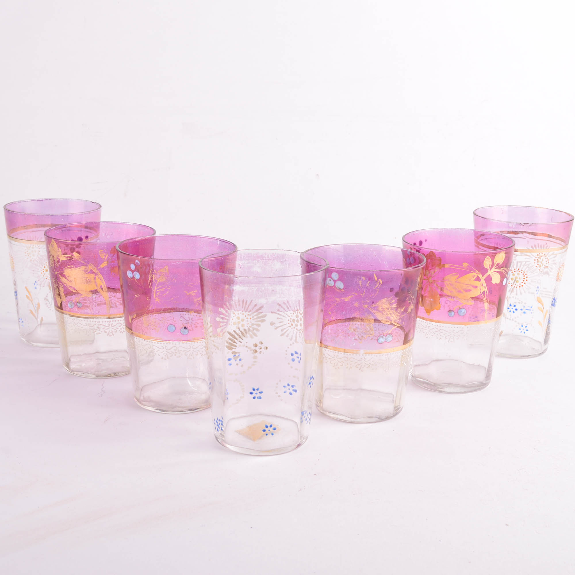 Vintage Hand Painted Glass Pitcher and Glasses