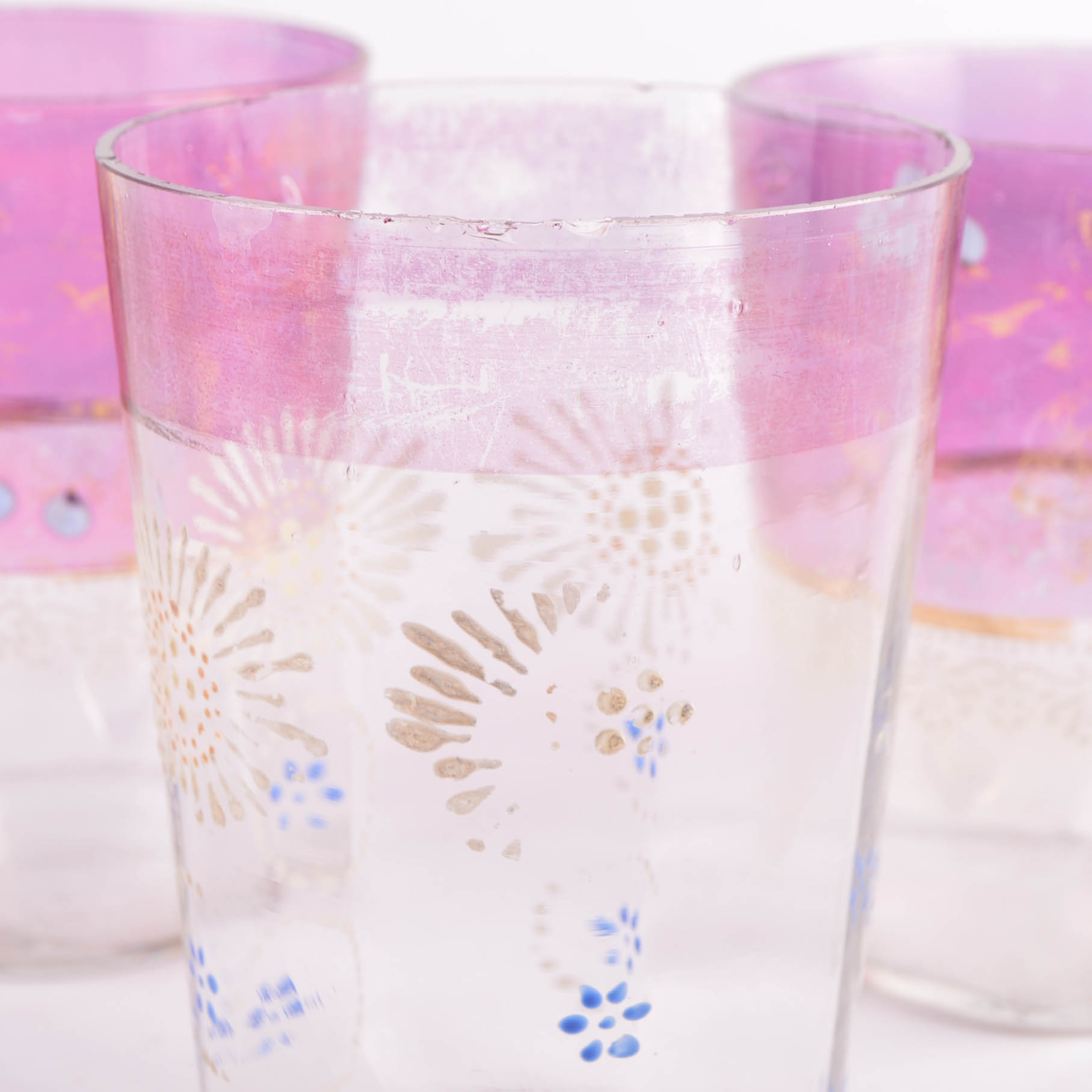 Vintage Hand Painted Glass Pitcher and Glasses