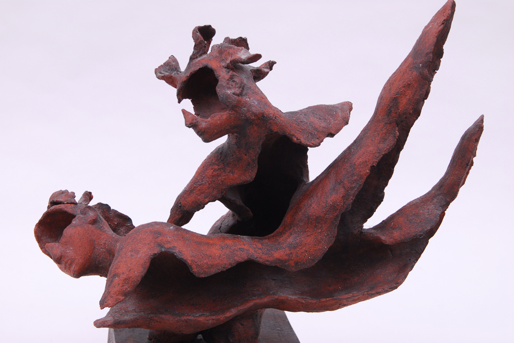 Ceramic Sculpture Depicting Two Bodies in Driftwood