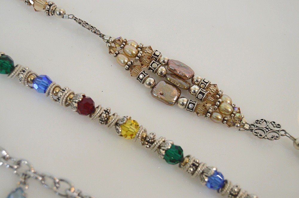 Three Sterling Silver and Beaded Bracelets, One Silver Plate