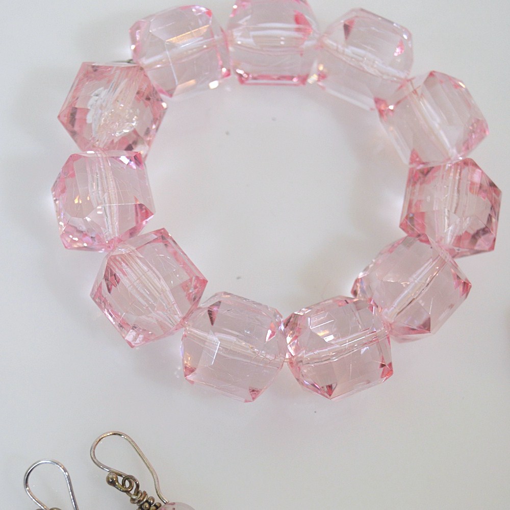 Costume Jewelry with Pink Glass Stones, Sterling/Glass Earrings