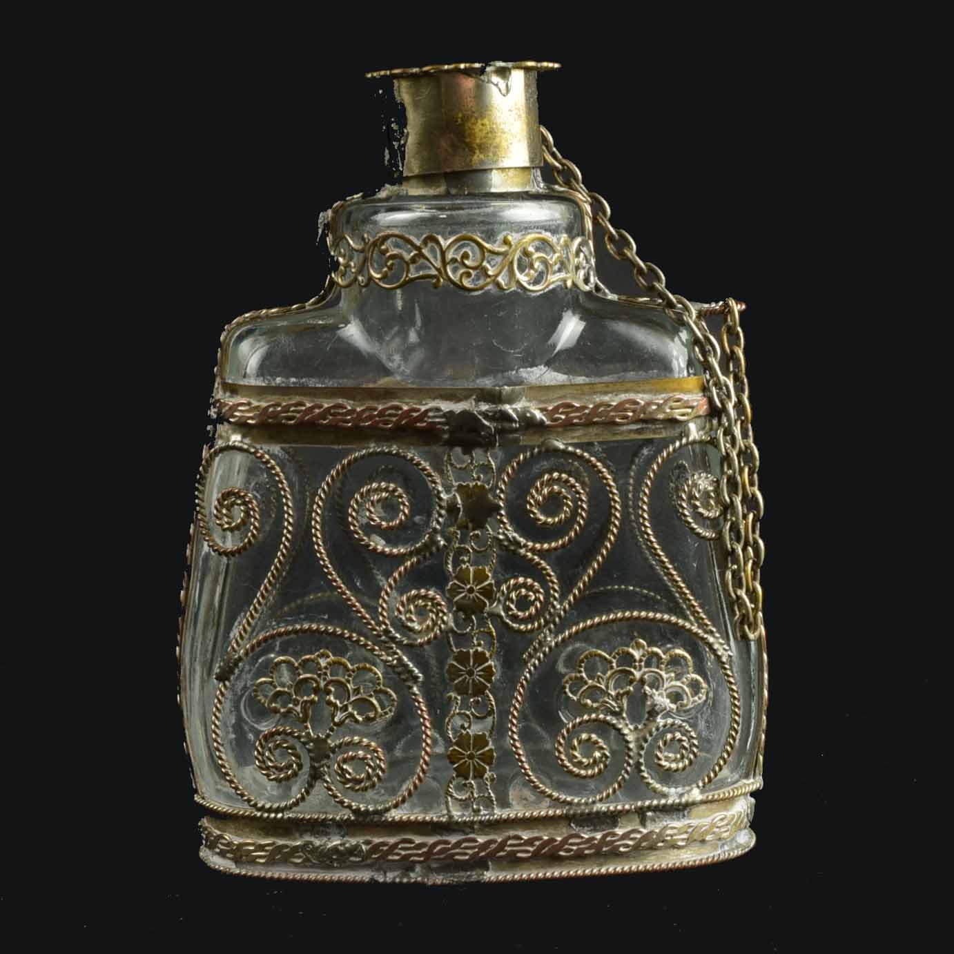 Vintage Filigree Silverplate on Copper Flask or Perfume Bottle