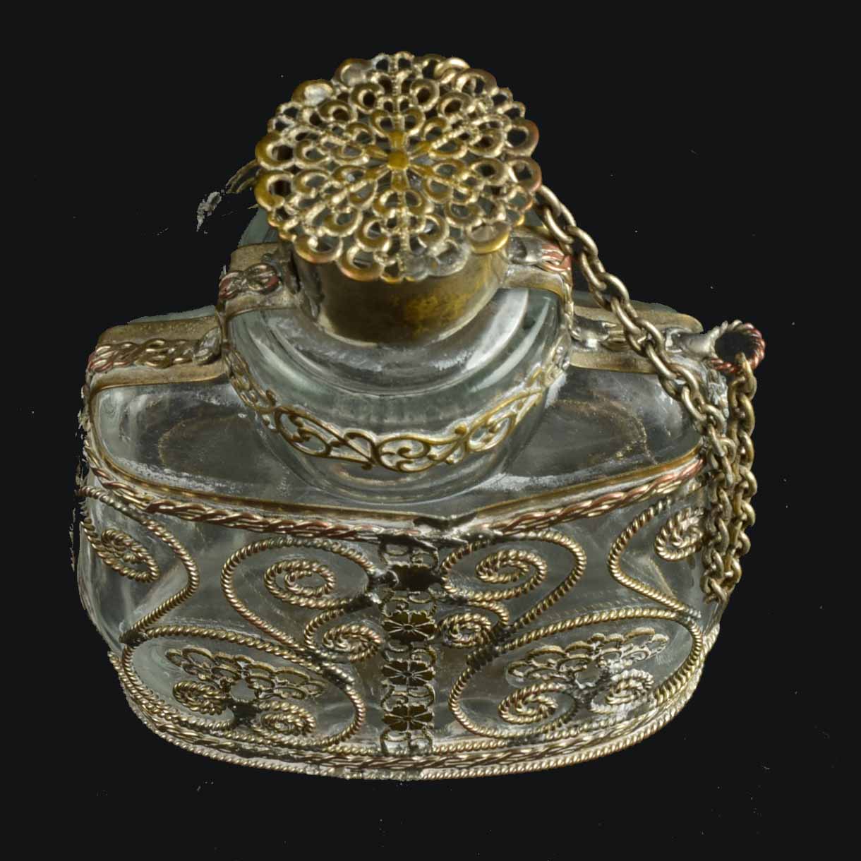 Vintage Filigree Silverplate on Copper Flask or Perfume Bottle