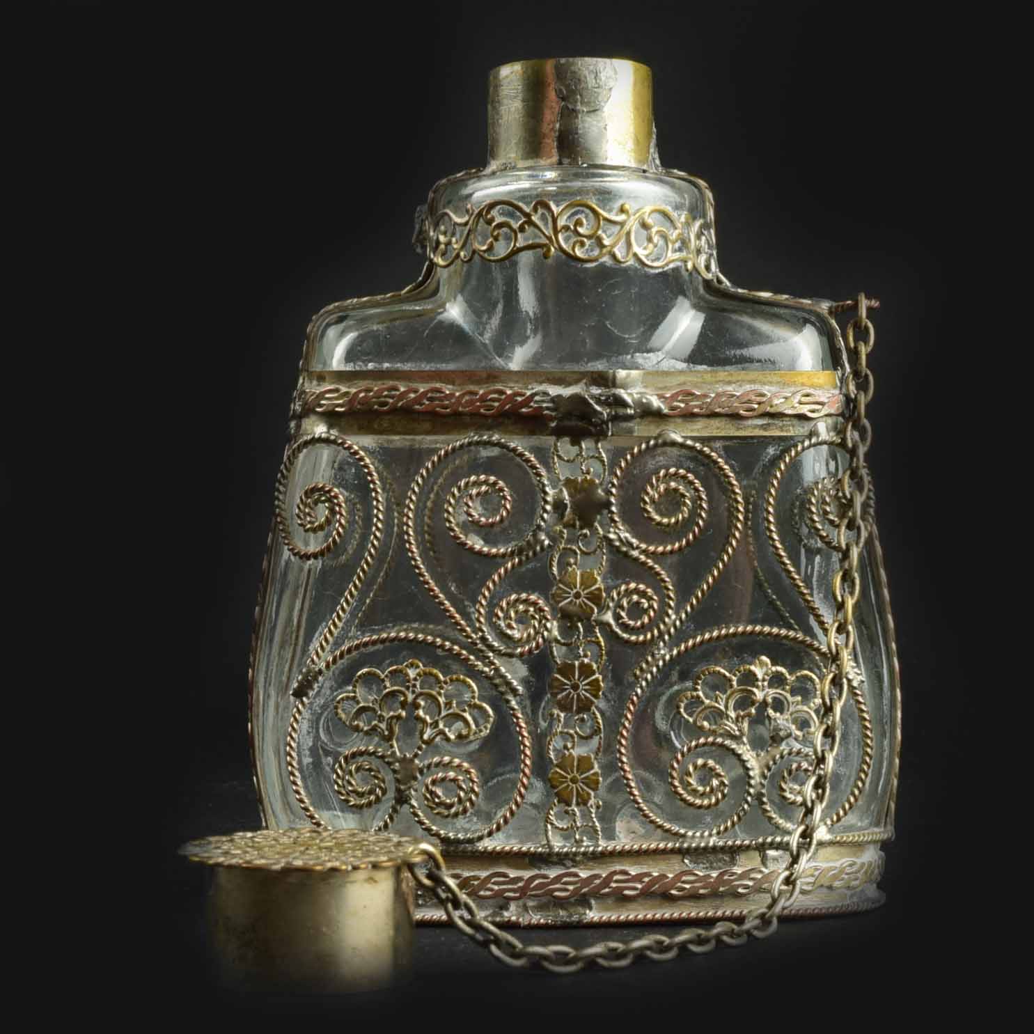 Vintage Filigree Silverplate on Copper Flask or Perfume Bottle