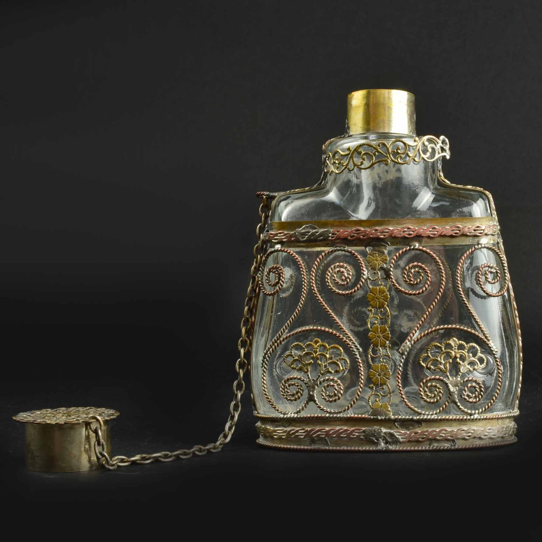 Vintage Filigree Silverplate on Copper Flask or Perfume Bottle
