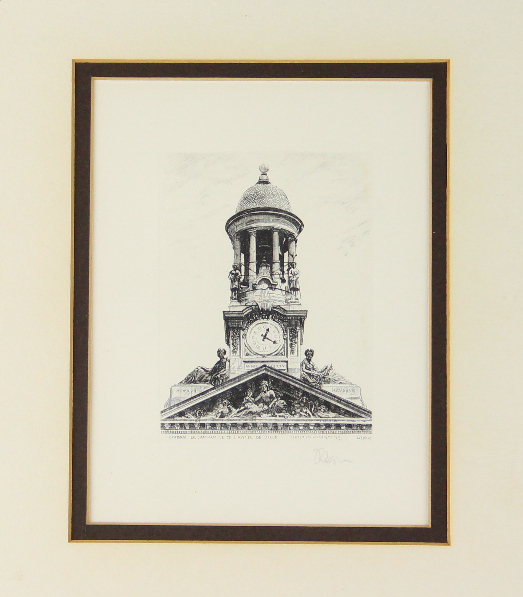 Signed Etching "Cambrai le Campanile de l'Hotel de Ville" by L. Robins