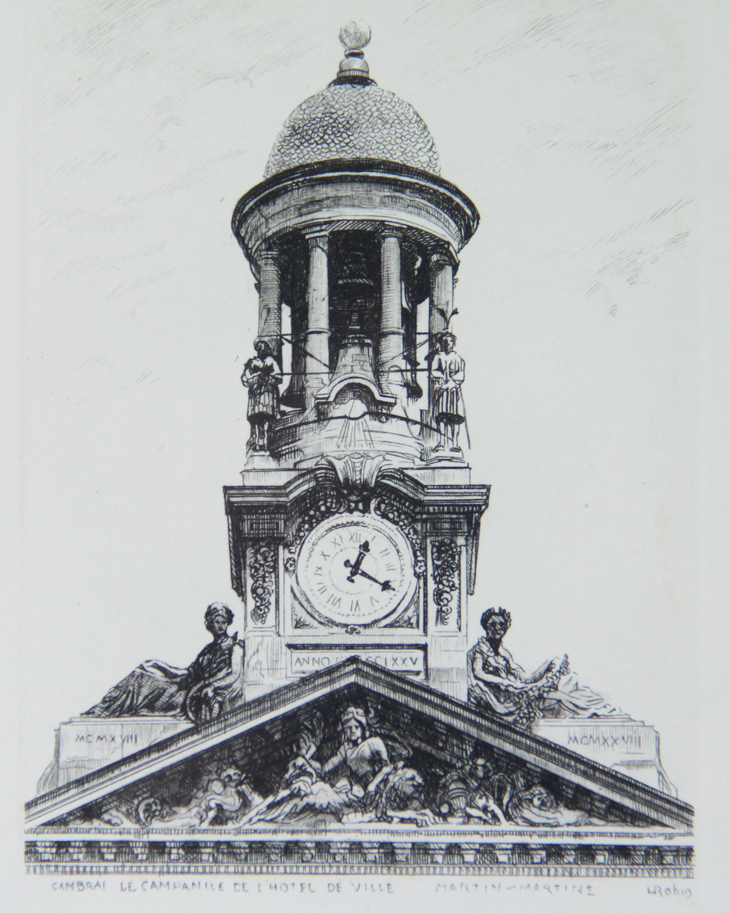 Signed Etching "Cambrai le Campanile de l'Hotel de Ville" by L. Robins