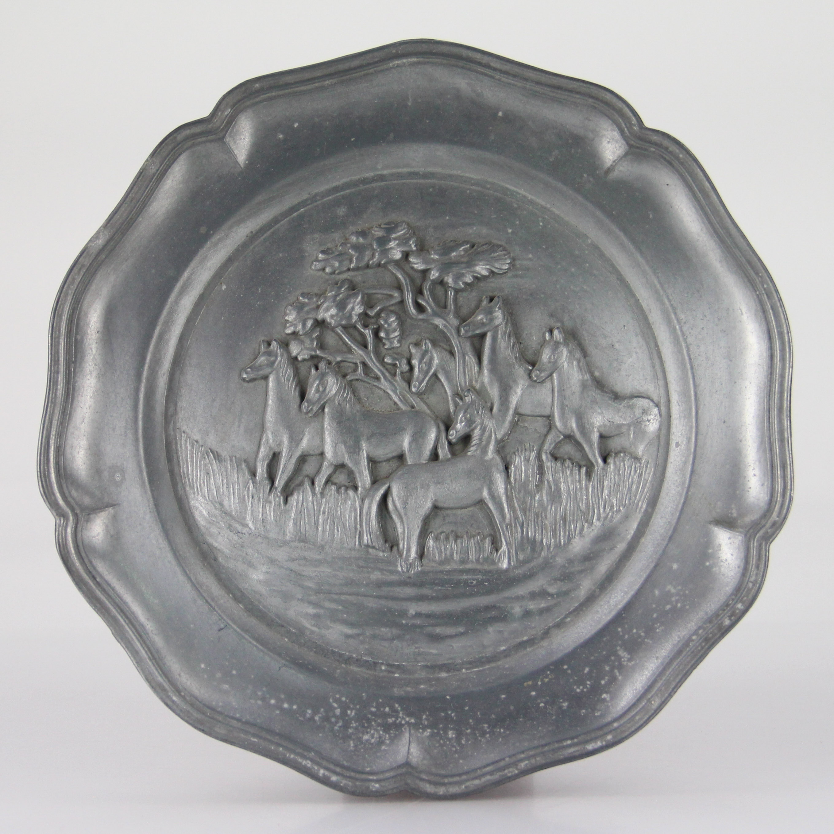 Decorative Pewter Plate Embossed with Horses