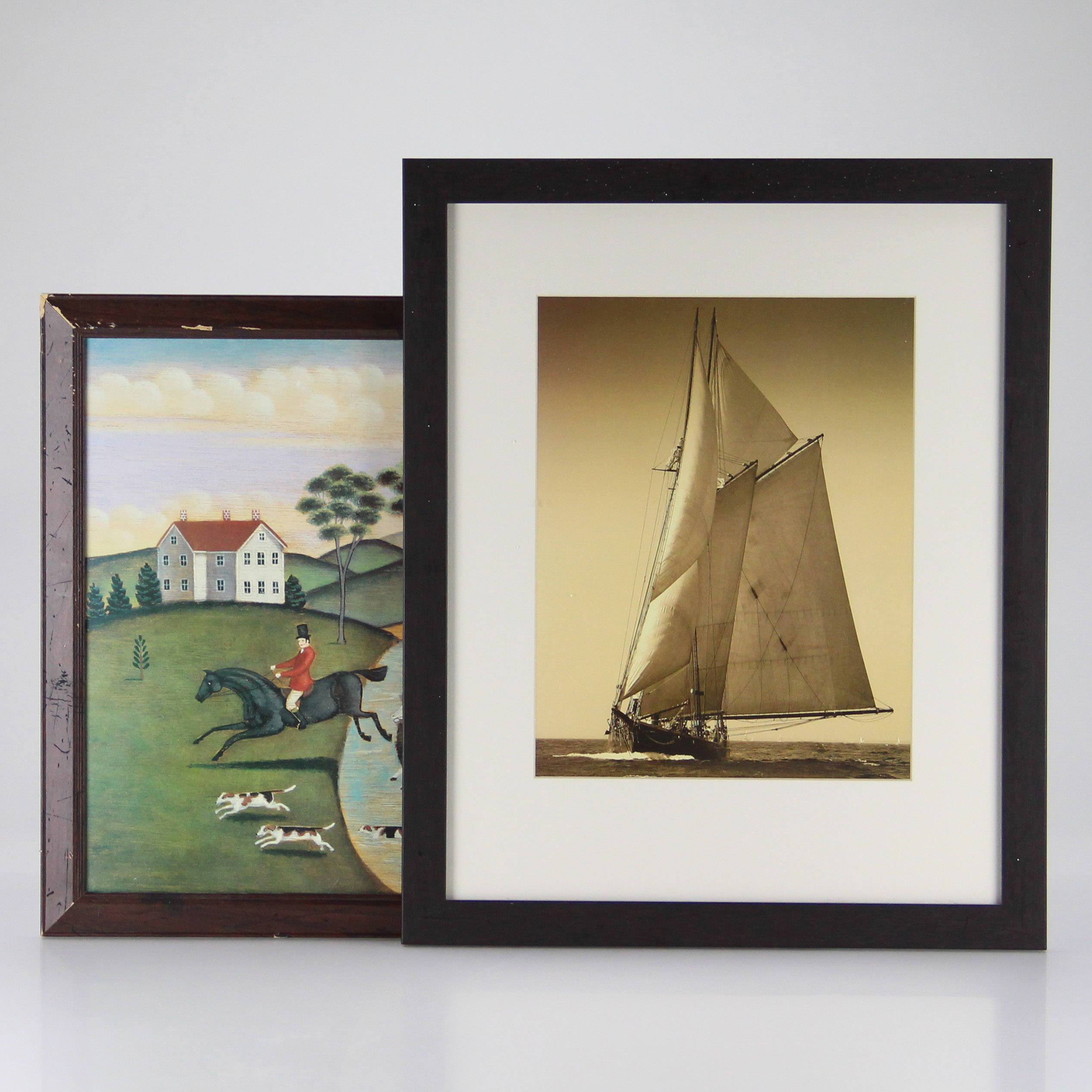 Framed Reproduction Prints of Sailing Ship and Fox Hunt