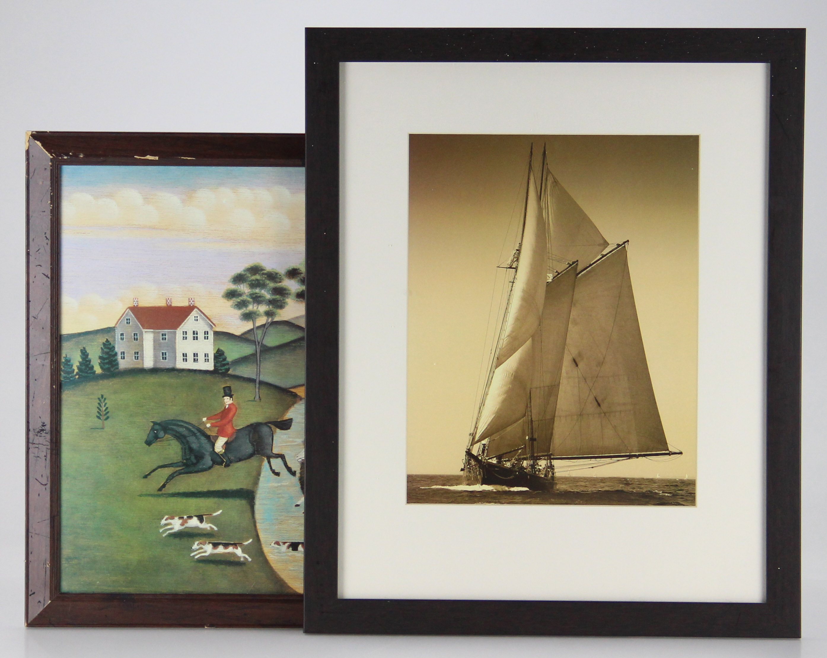Framed Reproduction Prints of Sailing Ship and Fox Hunt