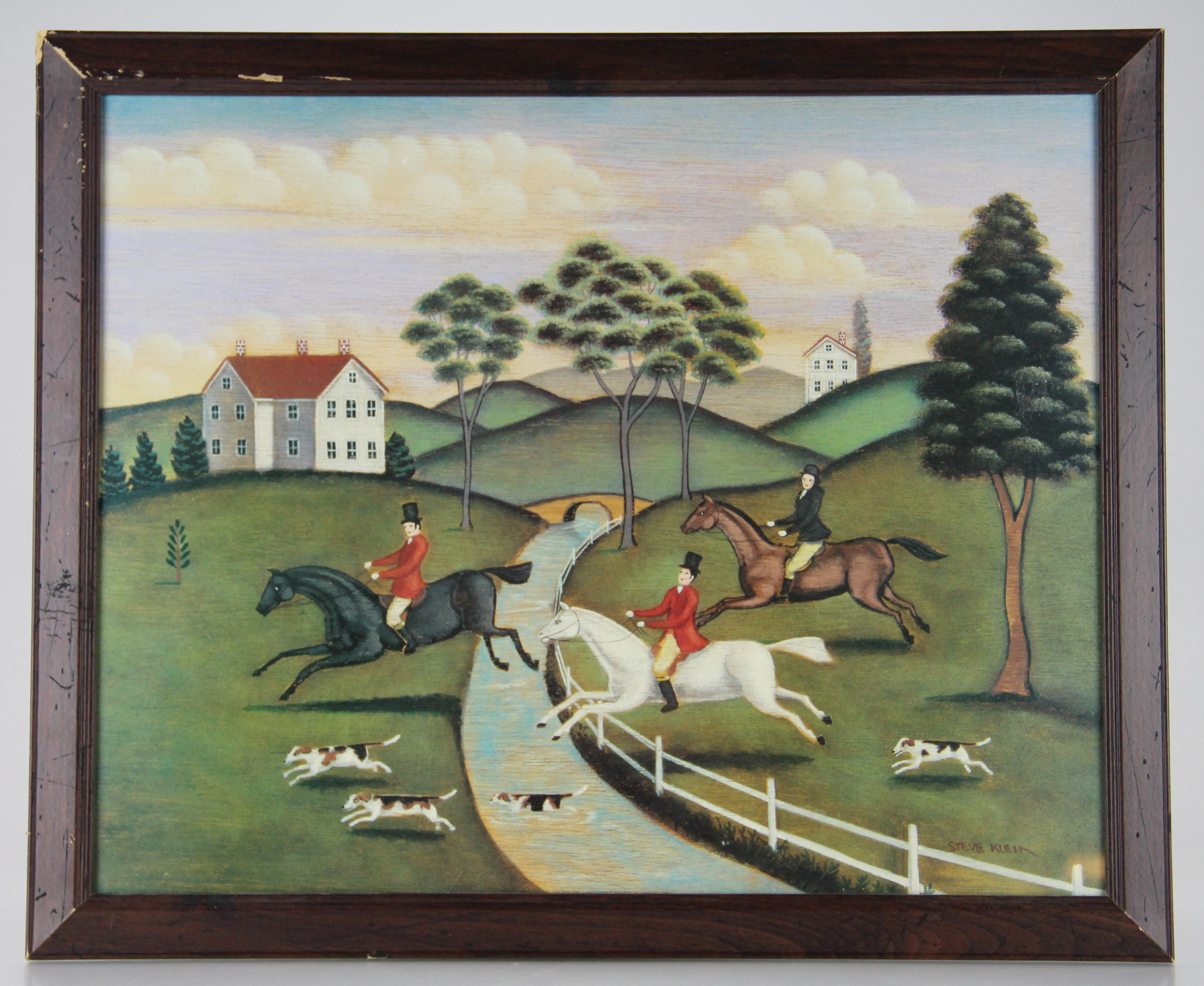 Framed Reproduction Prints of Sailing Ship and Fox Hunt