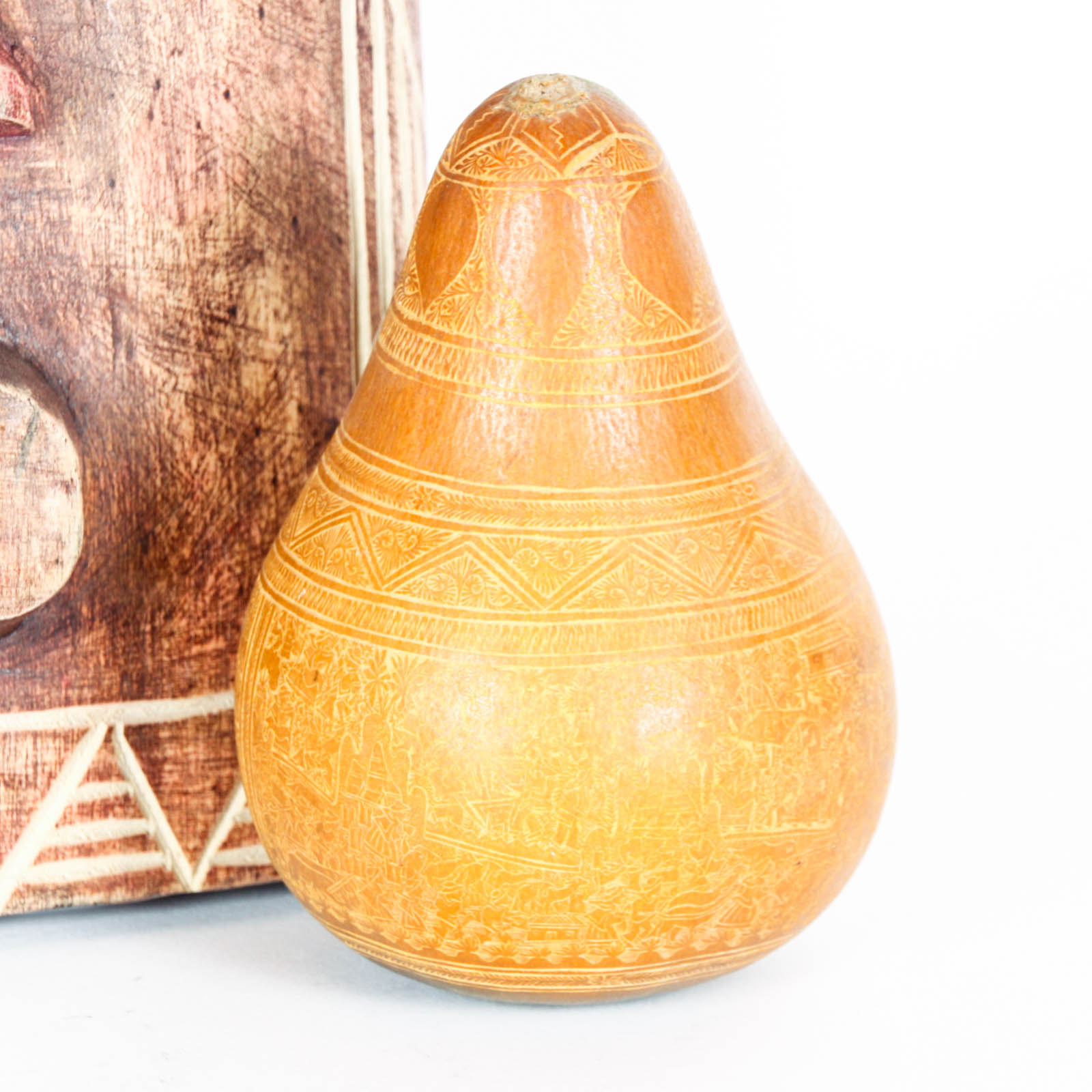 Intricately Etched Nigerian Gourd Shaker and African Goma Mask