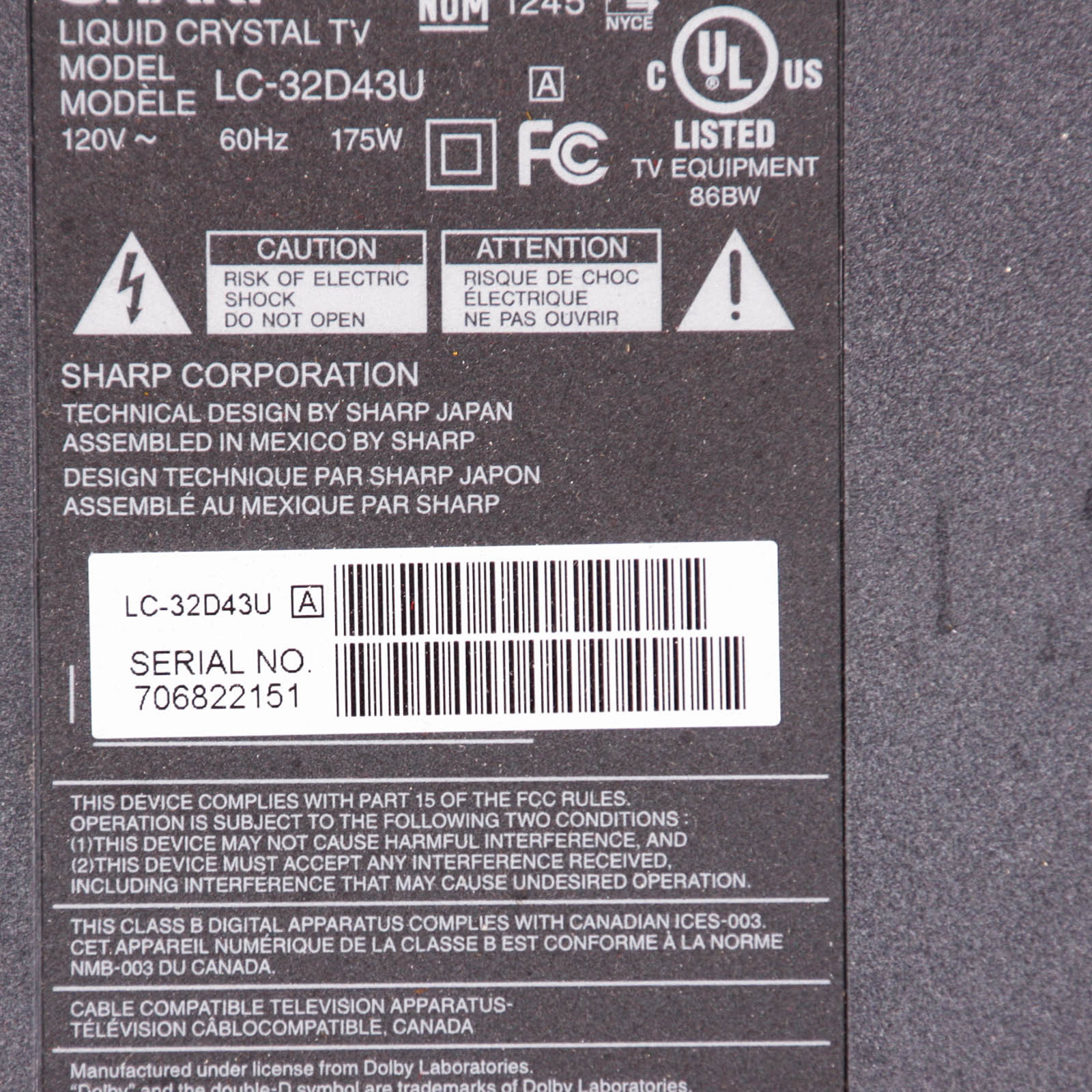 Sharp Television and Wall Mount Stand