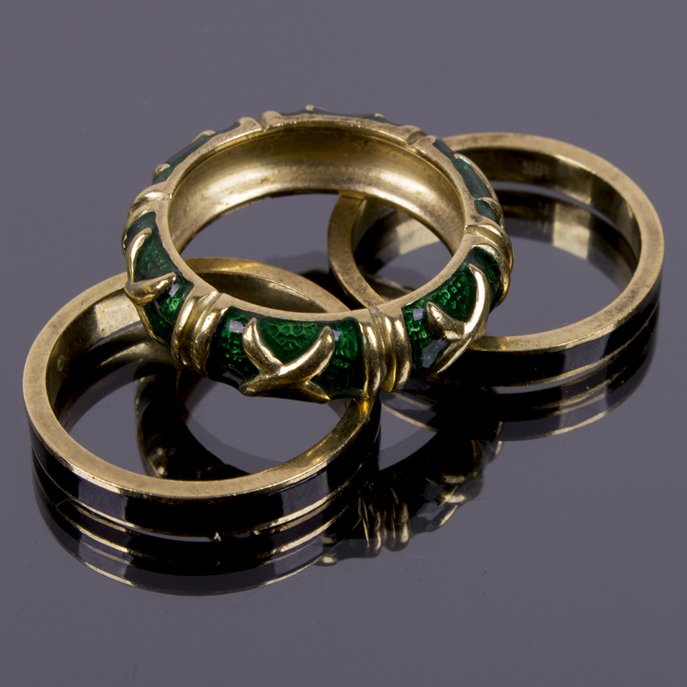 Trio of 18K Gold and Enamel Rings