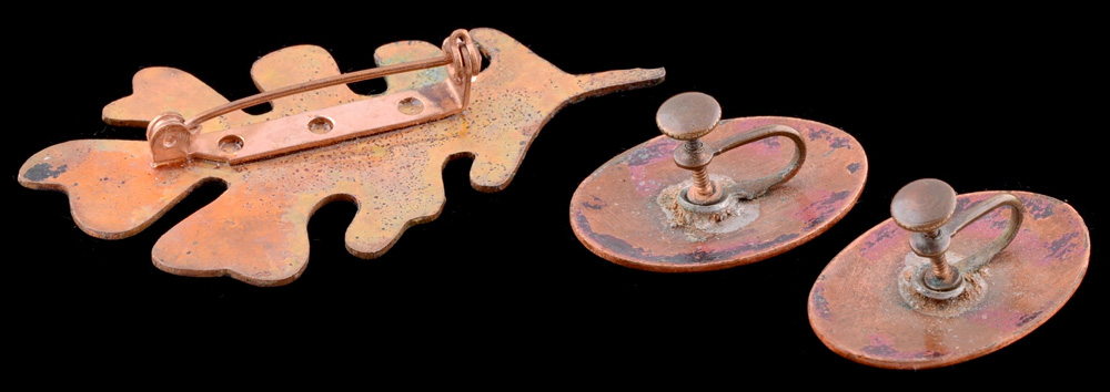 Vintage Enamel on Copper Earrings and Foliate Pin