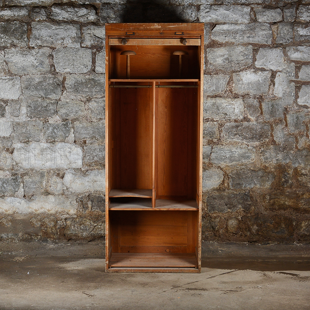 Pine Roll-Front Wardrobe with Built-In Hat Stands