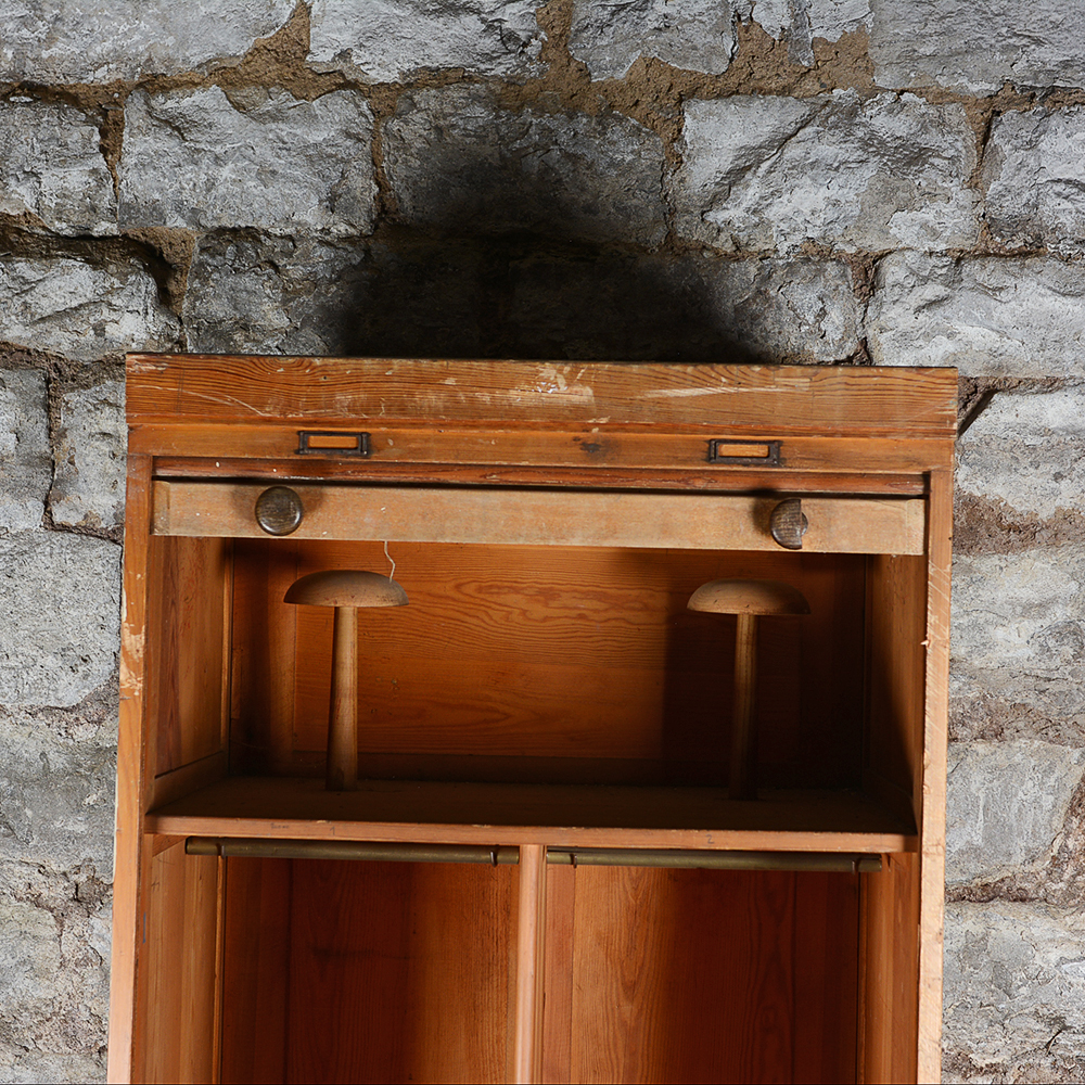 Pine Roll-Front Wardrobe with Built-In Hat Stands