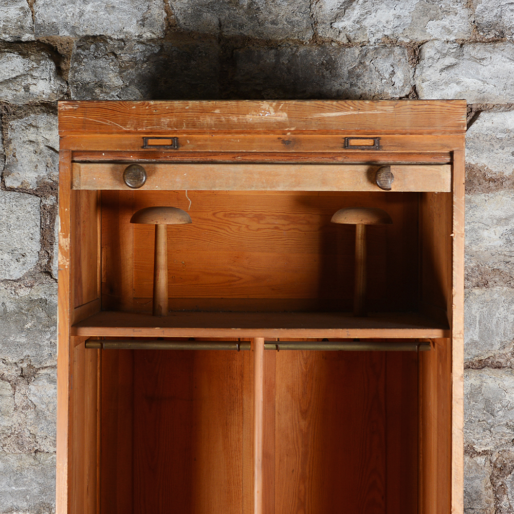 Pine Roll-Front Wardrobe with Built-In Hat Stands