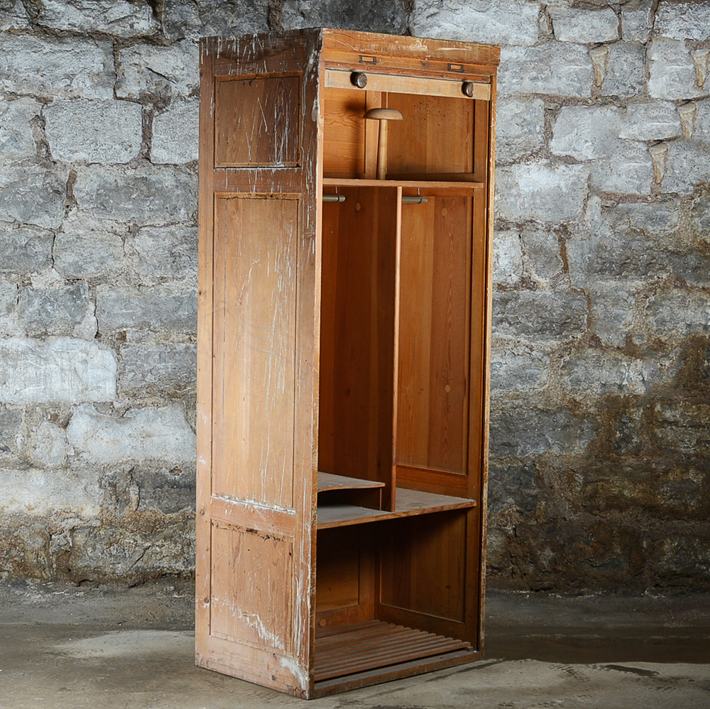Pine Roll-Front Wardrobe with Built-In Hat Stands