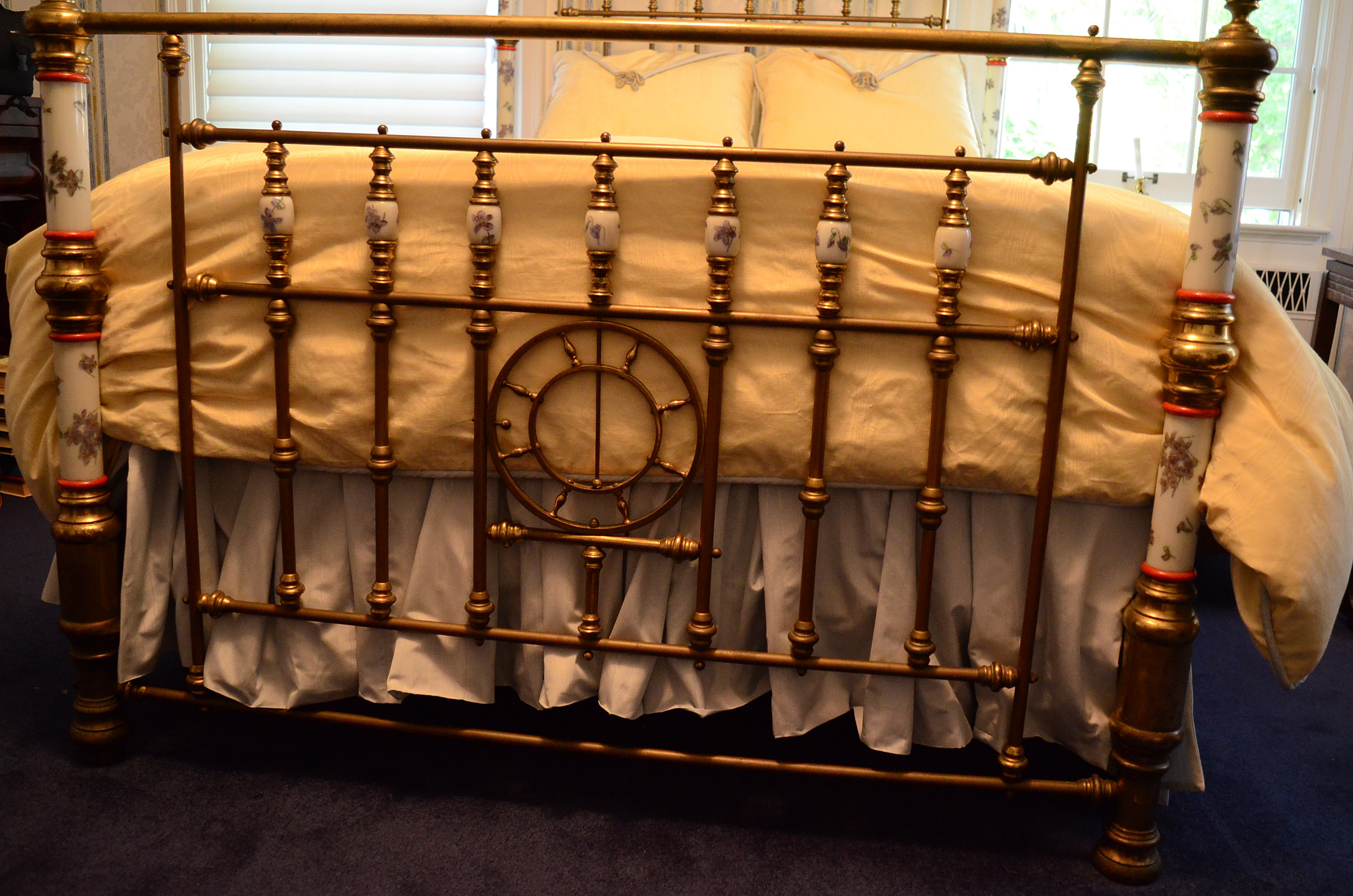 Antique Brass and Porcelain Full Bed Frame