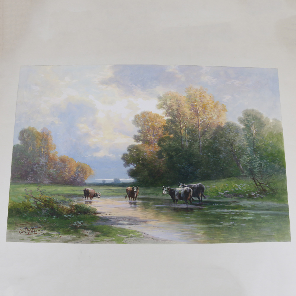 Original Gouache Painting of Cows by Carl Weber