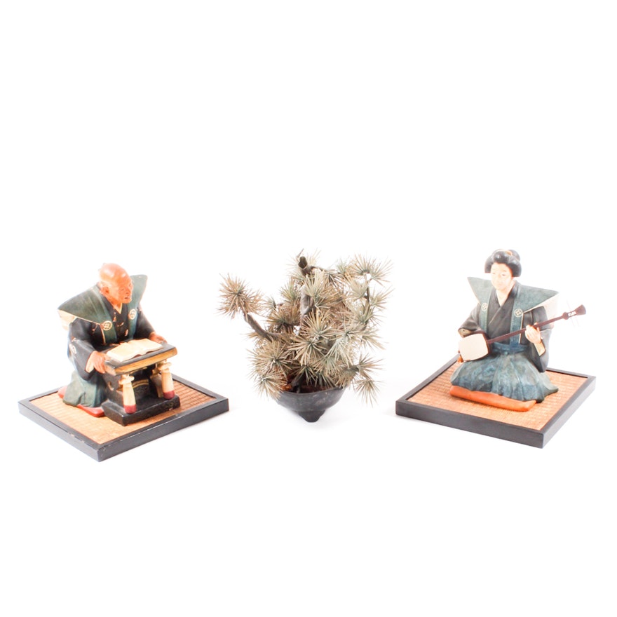 Vintage Japanese Ceramic Figurines and Faux Bonsai Tree