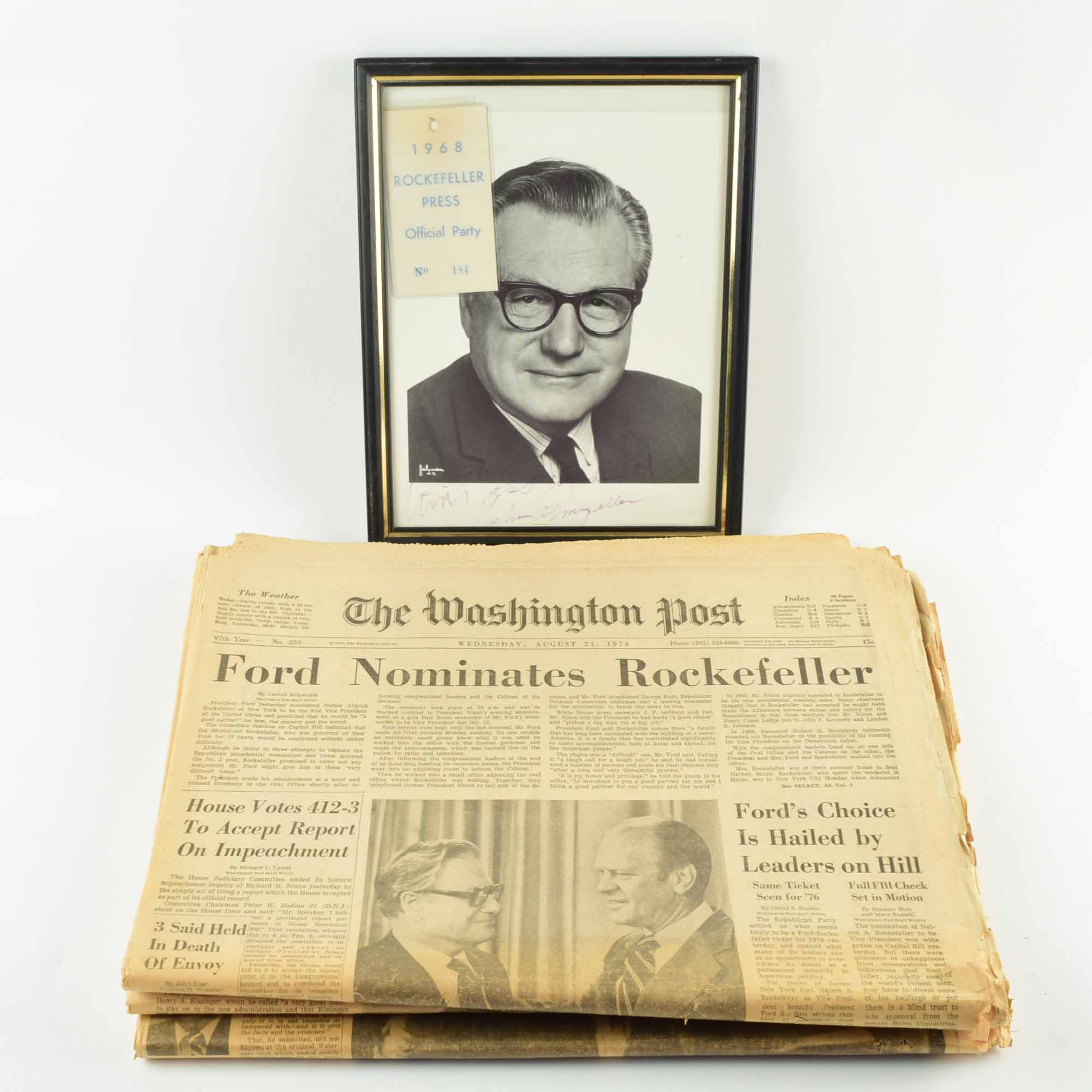 Nelson Rockefeller Signed 1968 Photo and Official Party Press Tag and Political Ephermena