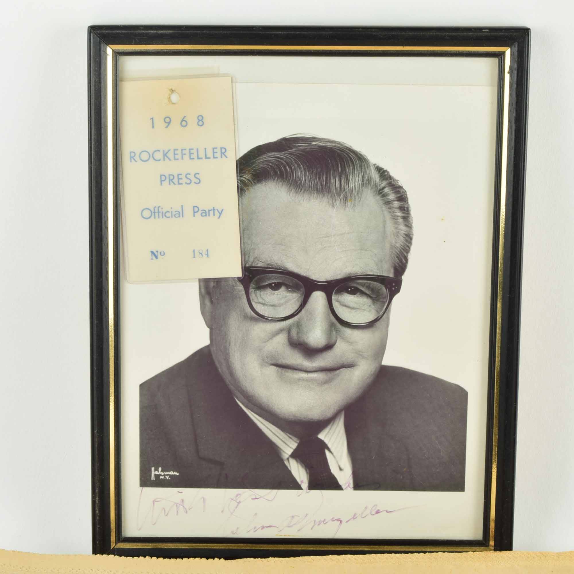 Nelson Rockefeller Signed 1968 Photo and Official Party Press Tag and Political Ephermena
